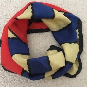 Vintage designer Schiaparelli Silk Scarf Red, Blue and Cream Geometric Panels